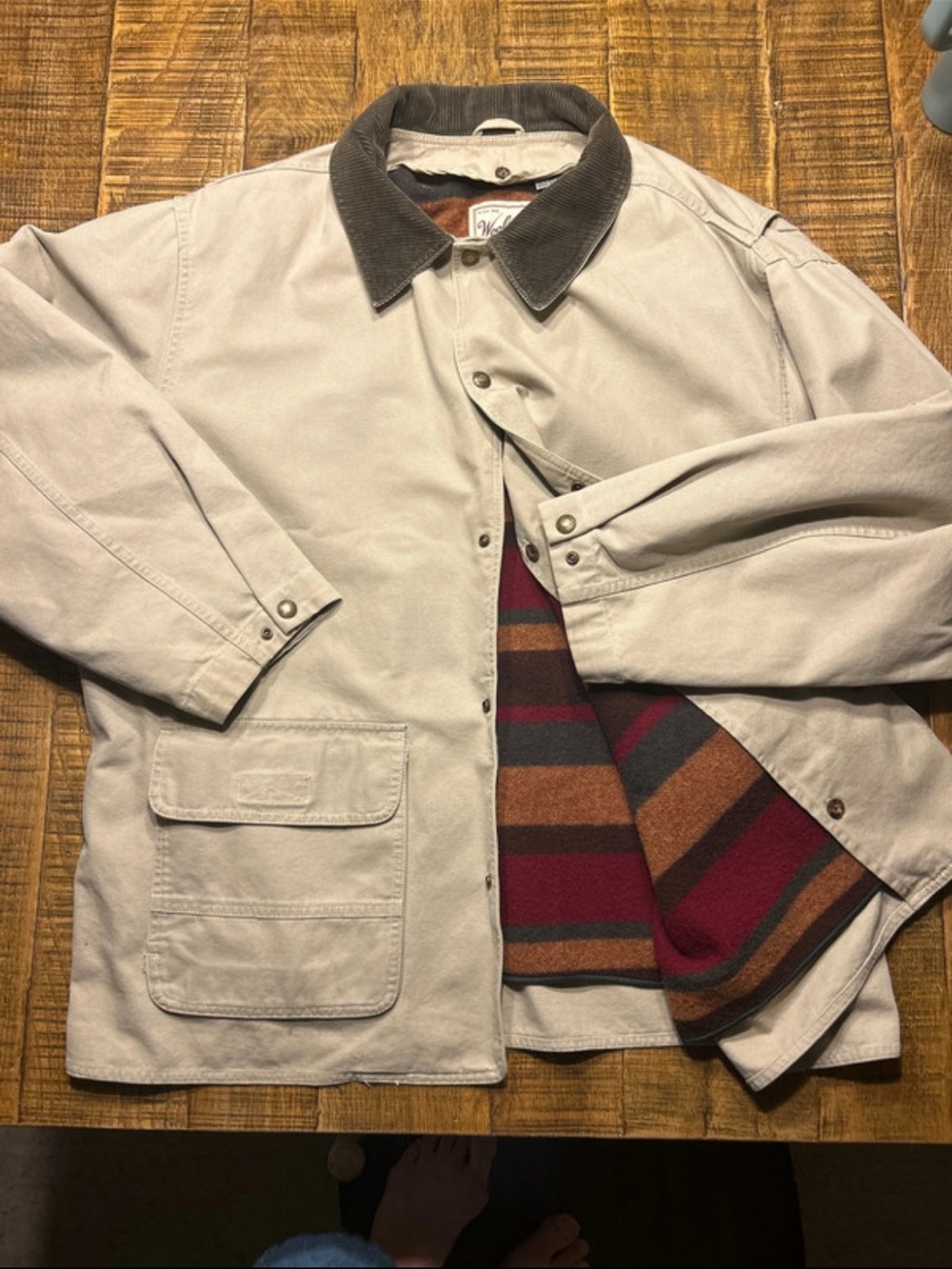 Woolrich Beige Canvas Field Jacket with Brown Corduroy Collar